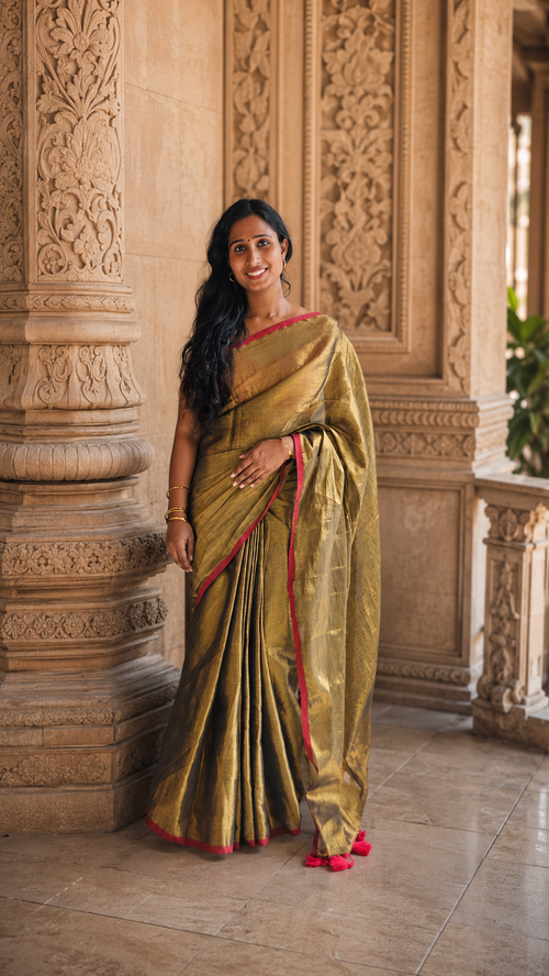 Gold Bengal tissue saree, view 2 | Lolak Boutique