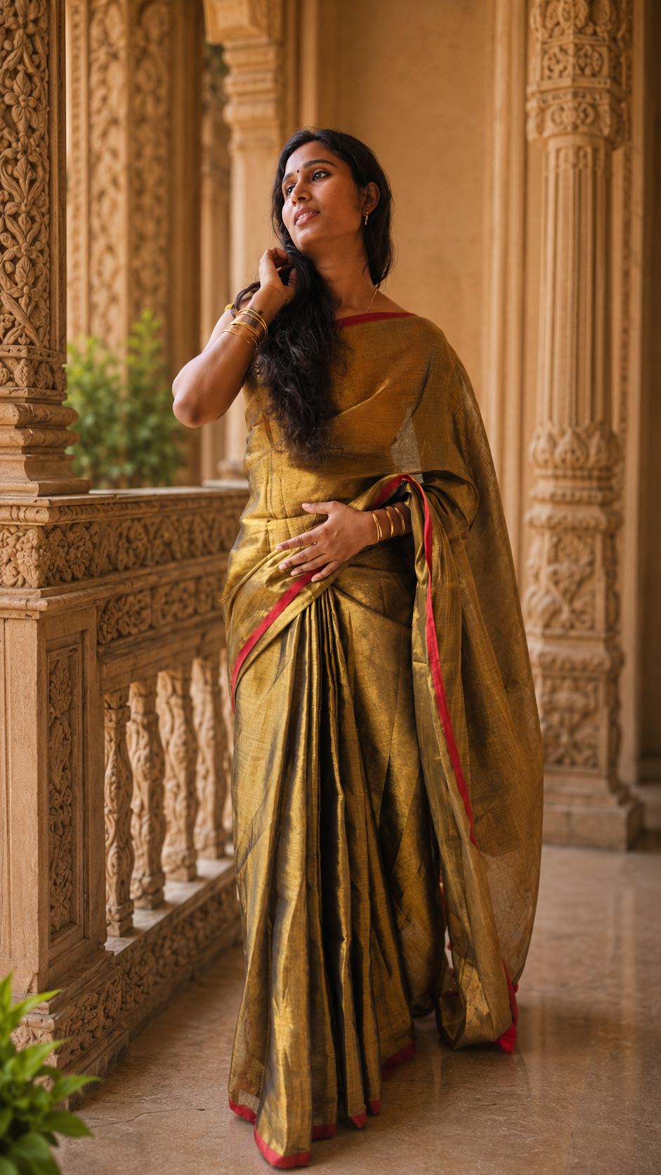 Gold Bengal tissue saree, view 5 | Lolak Boutique