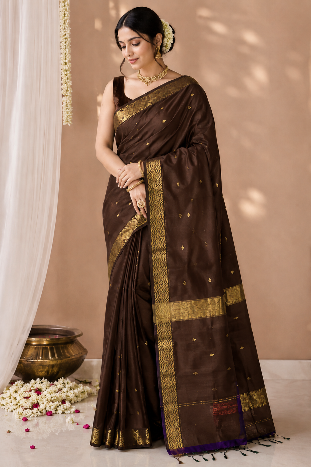 Nayanthara Maheswari cotton saree in brown, view 6 | Lolak Boutique
